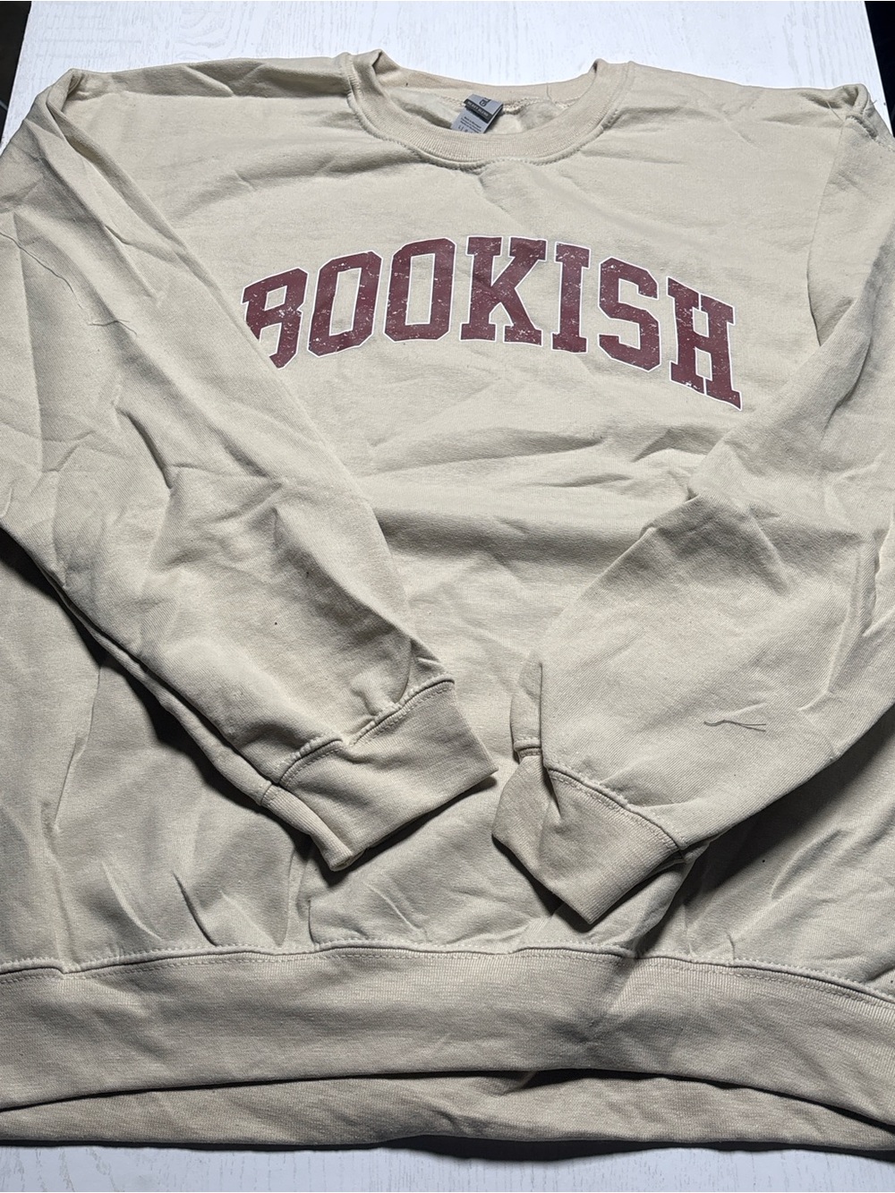 Gildan Cream Crewneck Sweatshirt with Maroon Bookish Print